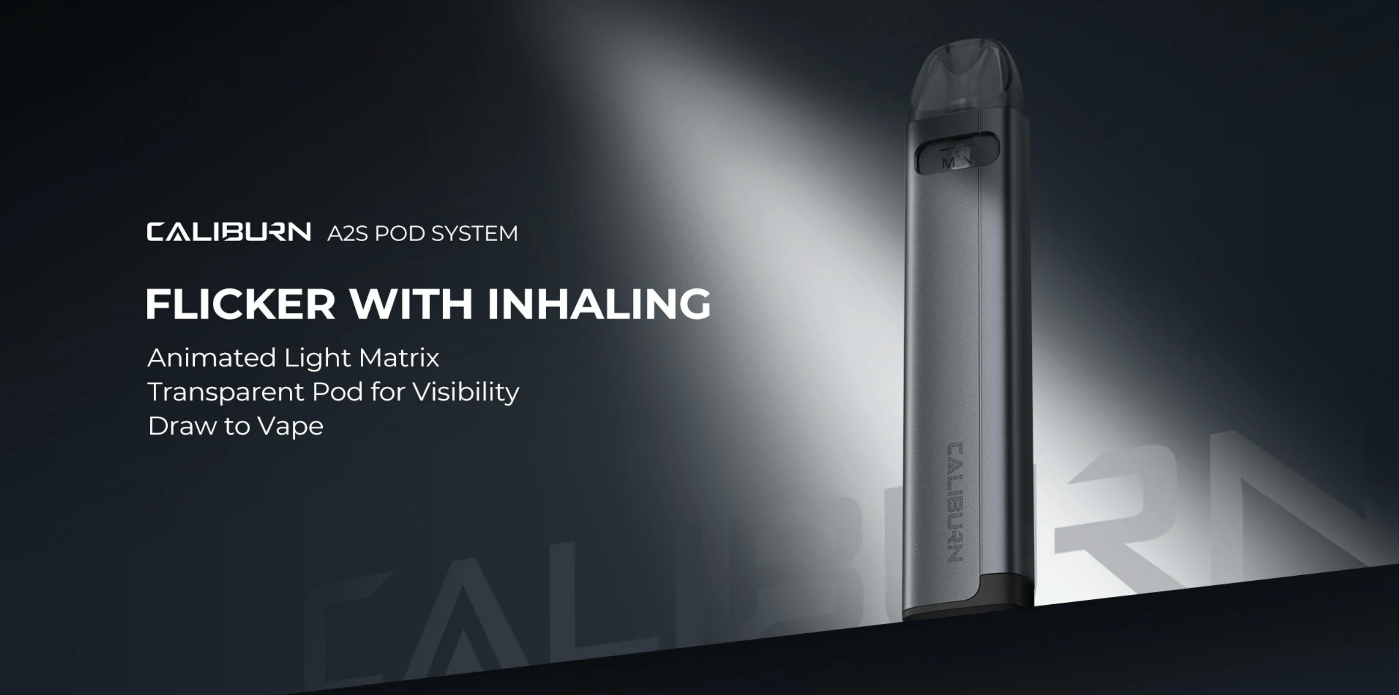 Uwell Caliburn A2S Pod Mod gri renk, flaşlı ışık efekti gösterimi